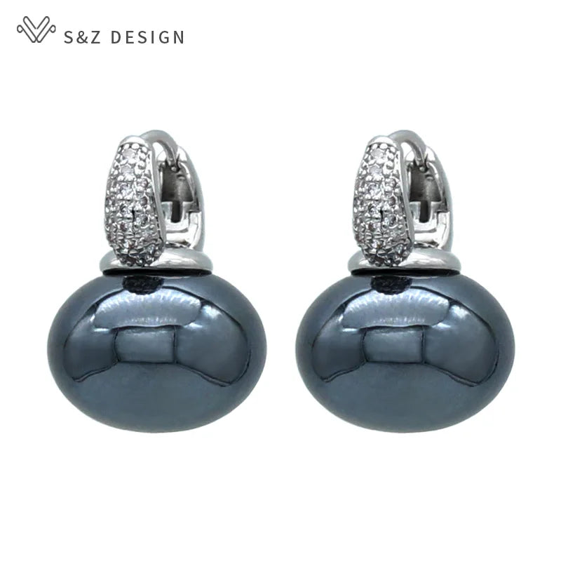 S&Z DESIGN Elegant Bread Round Pearl Dangle Earrings – Cubic Zirconia Wedding Jewelry Gift for Women