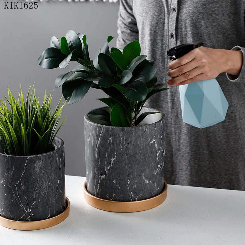 Marbella™ European Marble Ceramic Planter – Gold Tray Succulent Pot for Home & Garden