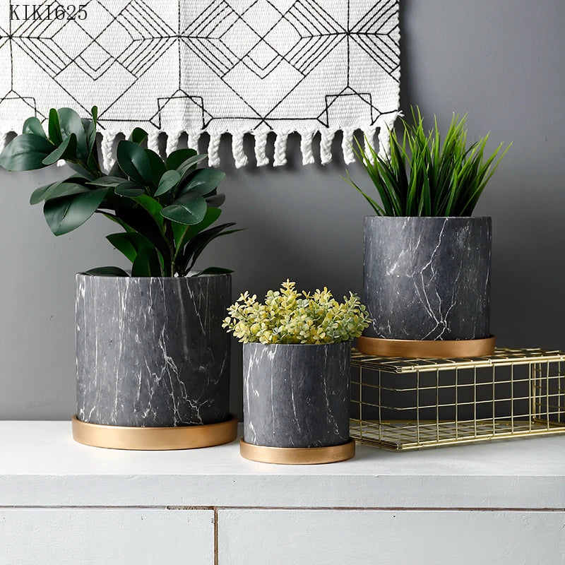 Marbella™ European Marble Ceramic Planter – Gold Tray Succulent Pot for Home & Garden