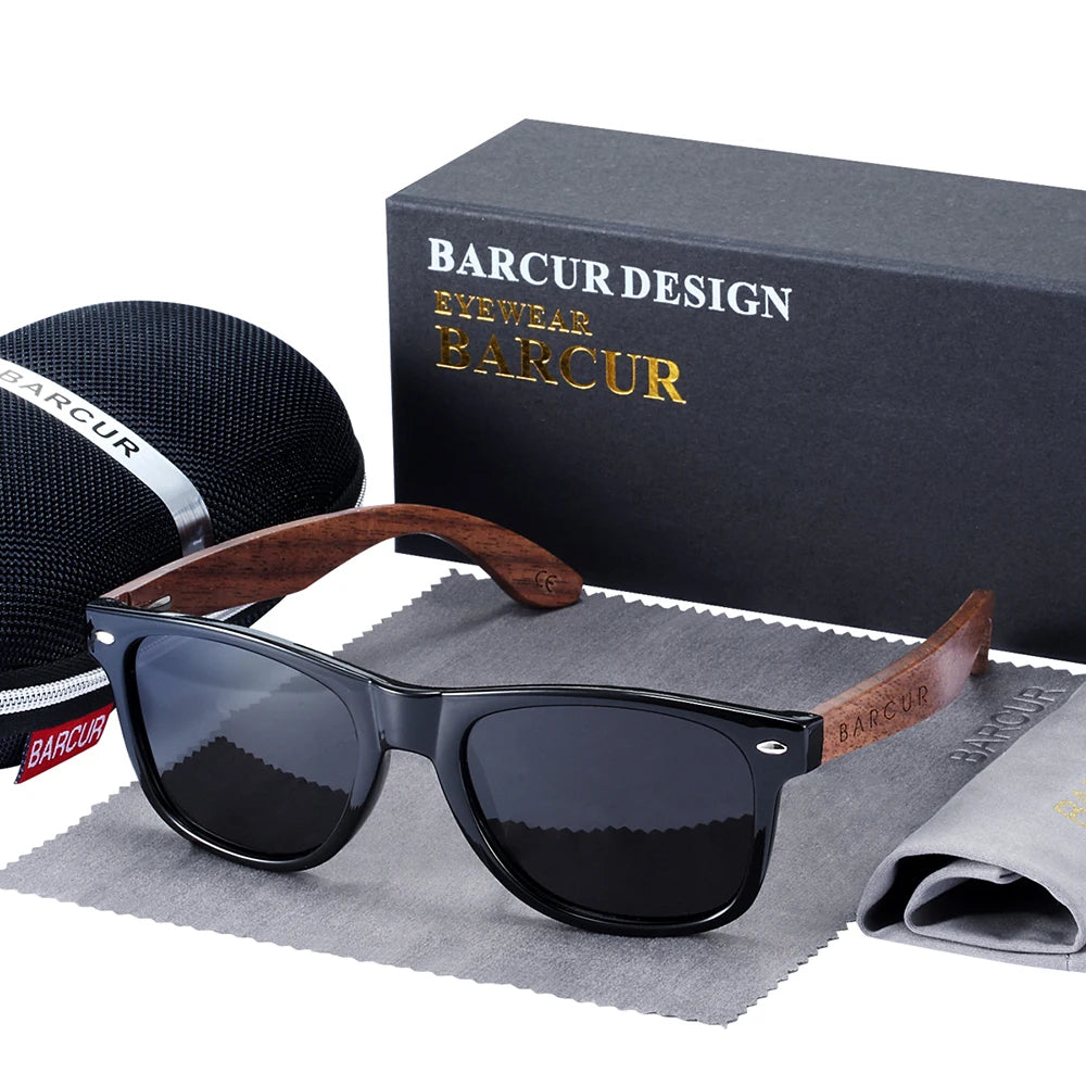 BARCUR™ Premium Black Walnut Wood Polarized Sunglasses for Men – UV400 Square Frame Eyewear + Gift Box
