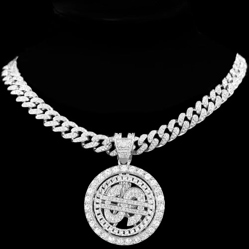 Iced Out Dollar Pendant Cuban Chain | 13mm Bling Rhinestone Necklace for Men – Silver Finish