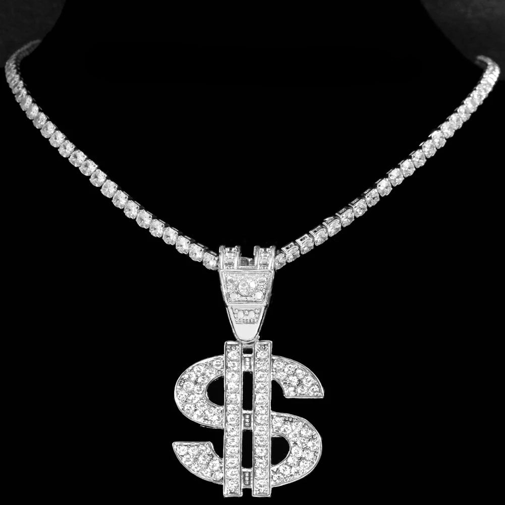 Iced Out Dollar Pendant Cuban Chain | 13mm Bling Rhinestone Necklace for Men – Silver Finish