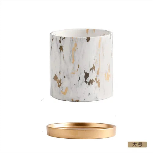 Marbella™ European Marble Ceramic Planter – Gold Tray Succulent Pot for Home & Garden