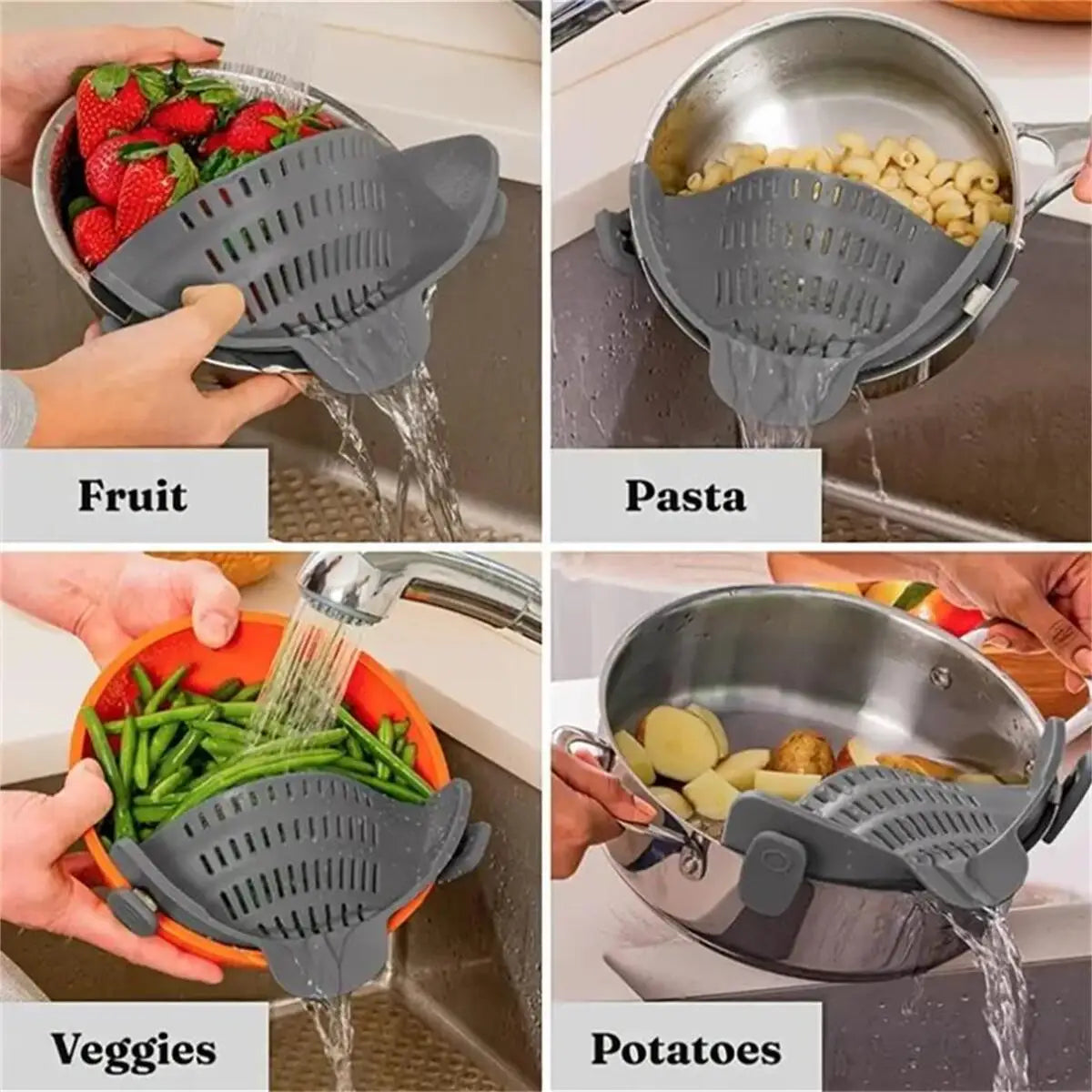 SnapStrain™ — Adjustable Clip-On Pot & Pan Strainer