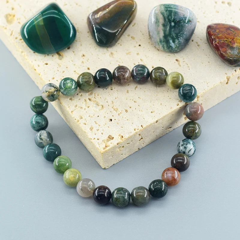 Indian Agate Natural Stone Bead Bracelet – Colorful Crystal Healing Strand for Women | Energy, Balance & Yoga Gift Jewelry
