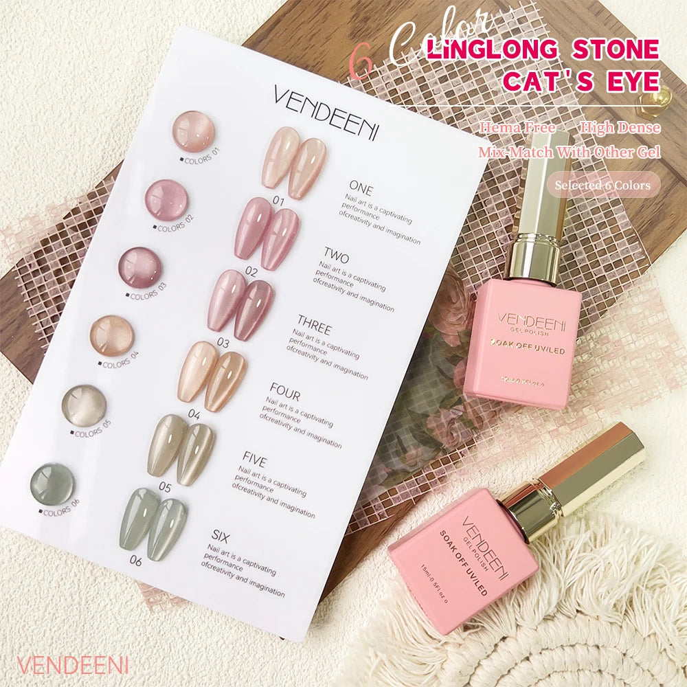 Vendeeni™ 6-Color Magnetic Cat Eye Gel Polish Set – Pink Crystal Shine UV/LED Soak-Off with Display Board
