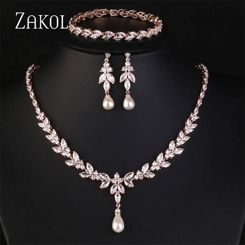 ZAKOL Luxury Zirconia Leaf Bridal Jewelry Set – Elegant Necklace, Earrings, Ring & Bracelet for Weddings