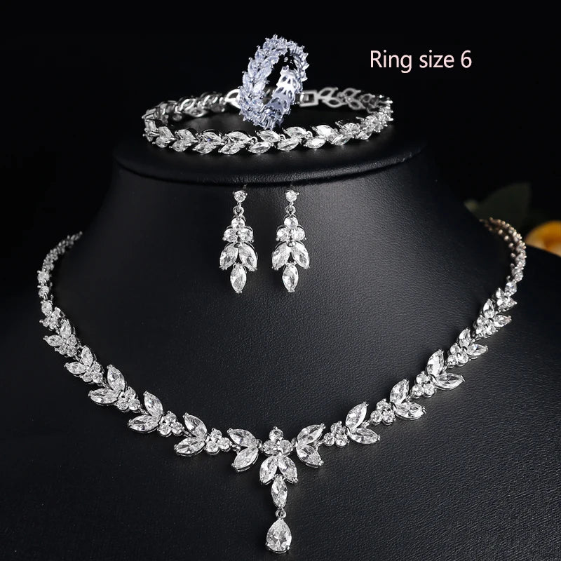 ZAKOL Luxury Zirconia Leaf Bridal Jewelry Set – Elegant Necklace, Earrings, Ring & Bracelet for Weddings
