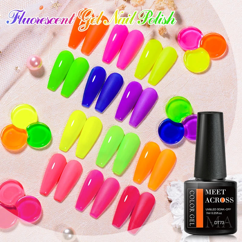 MEET ACROSS Neon Fluorescent UV Gel Nail Polish – 7ml Summer Bright Semi-Permanent Varnish for Bold Nail Art