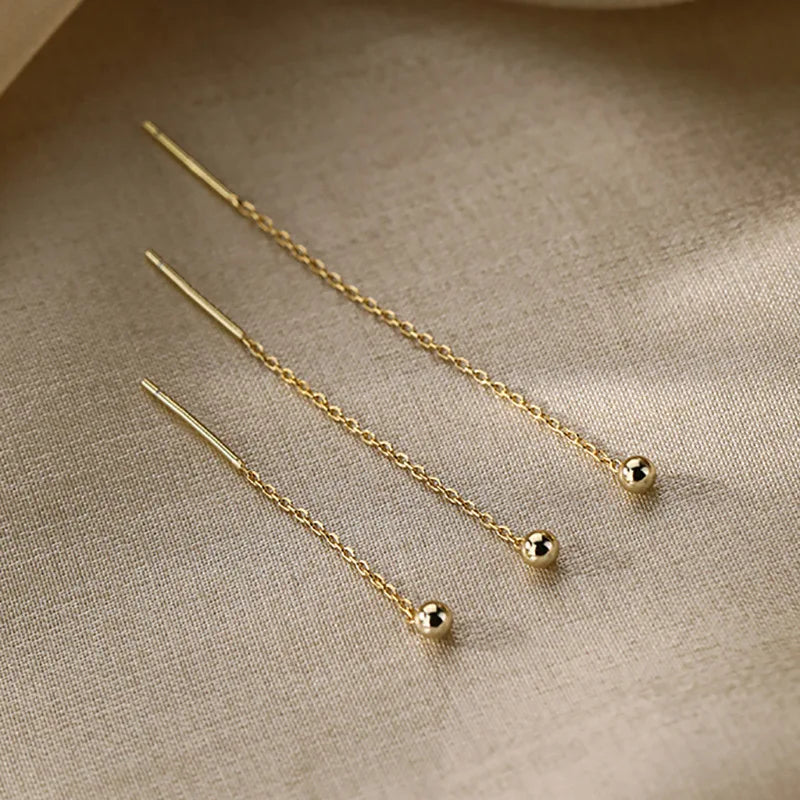 Minimalist Geometric Tassel Earrings – Long Silver Ball Drop Chain Dangle for Women | Trendy K-Pop Inspired Jewelry