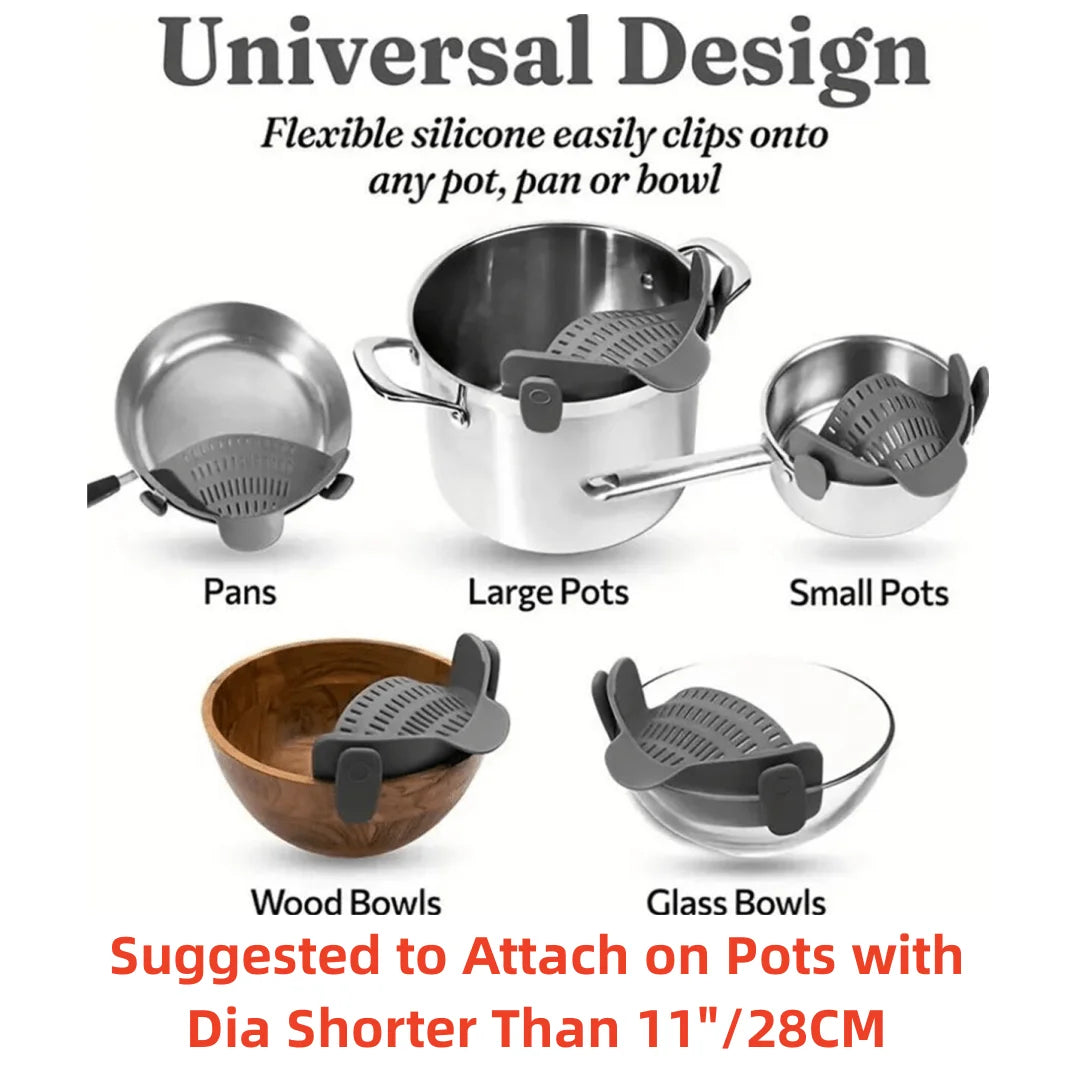 SnapStrain™ — Adjustable Clip-On Pot & Pan Strainer