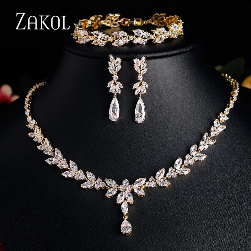 ZAKOL Luxury Zirconia Leaf Bridal Jewelry Set – Elegant Necklace, Earrings, Ring & Bracelet for Weddings
