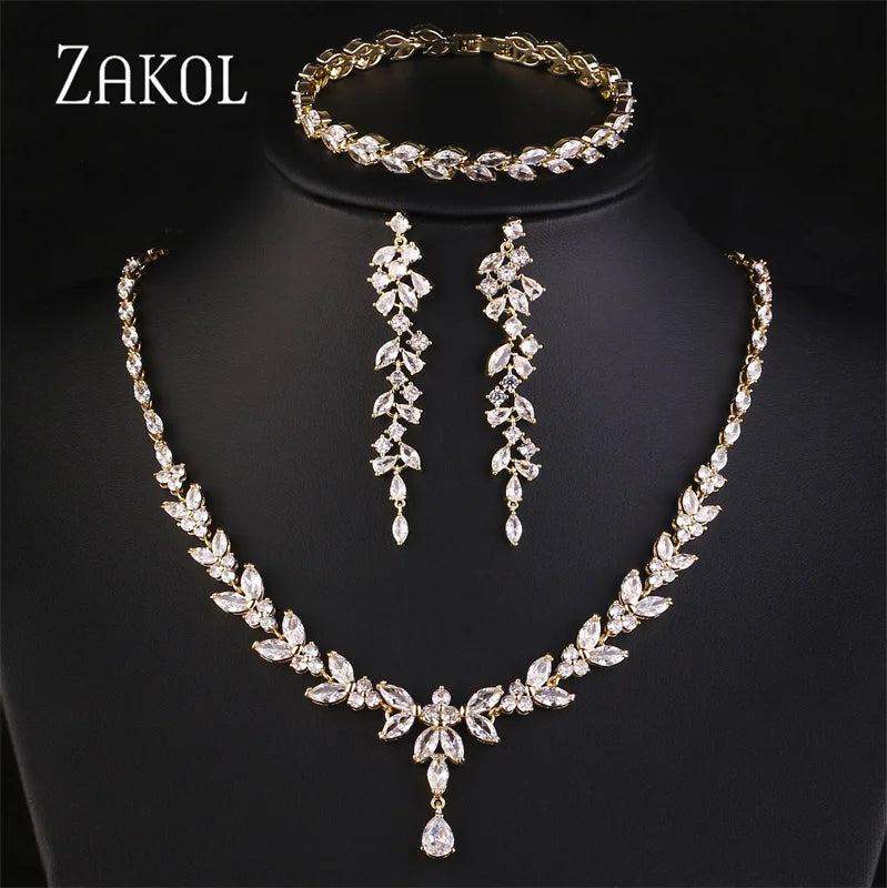 ZAKOL Luxury Zirconia Leaf Bridal Jewelry Set – Elegant Necklace, Earrings, Ring & Bracelet for Weddings