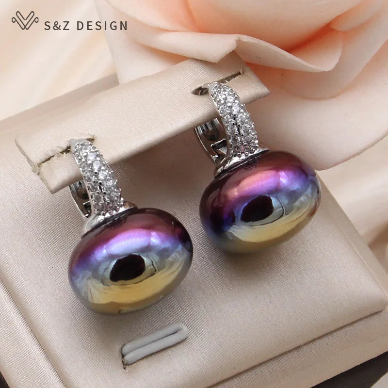 S&Z DESIGN Elegant Bread Round Pearl Dangle Earrings – Cubic Zirconia Wedding Jewelry Gift for Women
