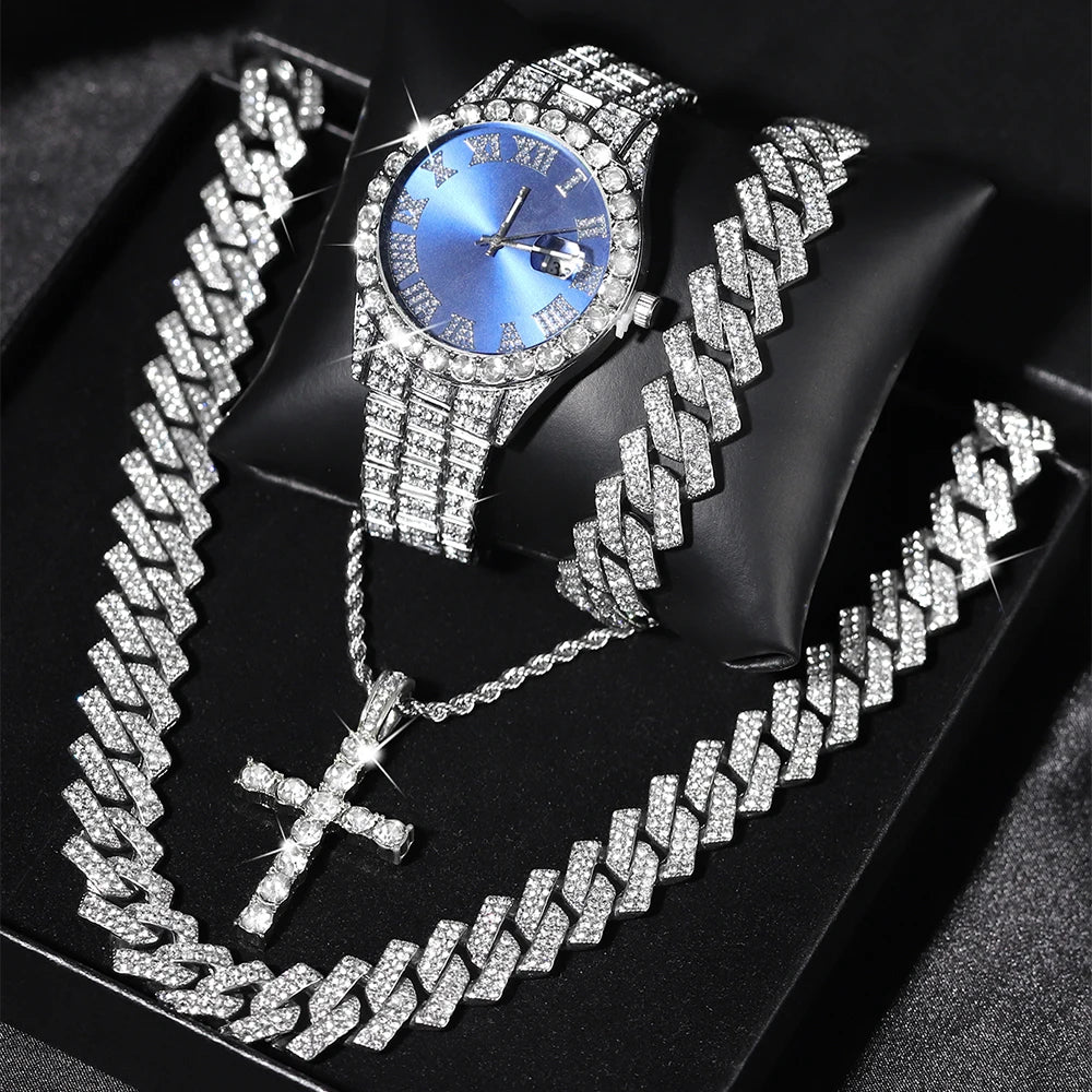 Men's Quartz Watch + Cuban Chain & Cross Bracelet Gift Set | Hip Hop Iced-Out Luxury Box