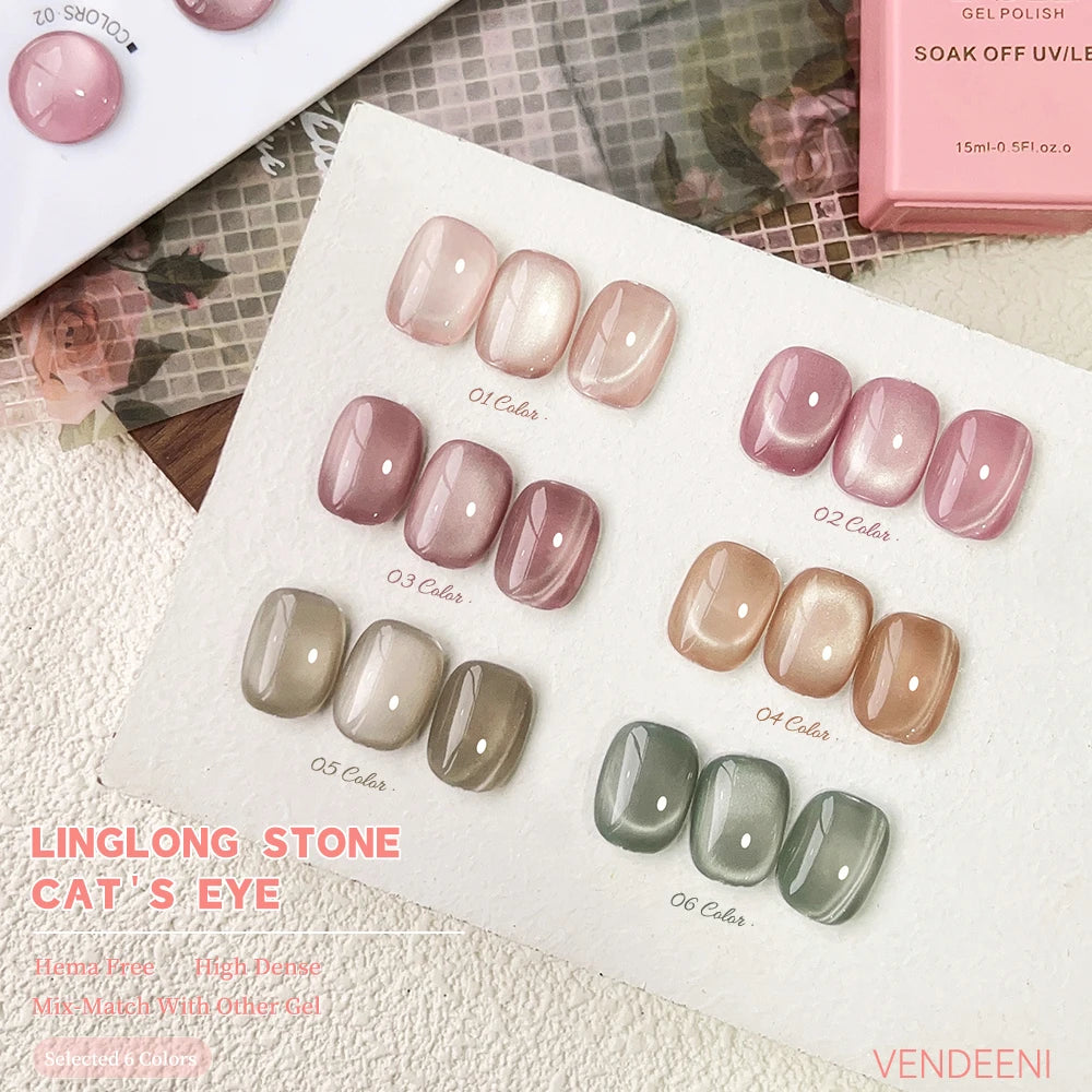 Vendeeni™ 6-Color Magnetic Cat Eye Gel Polish Set – Pink Crystal Shine UV/LED Soak-Off with Display Board