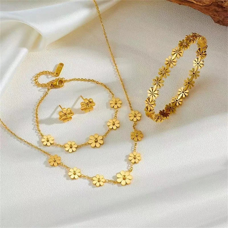 daisy jewelry set waterproof stainless steel jewelry fashion gift set floral accessories hypoallergenic jewelry for women GANEMLY necklace bracelet earring ring