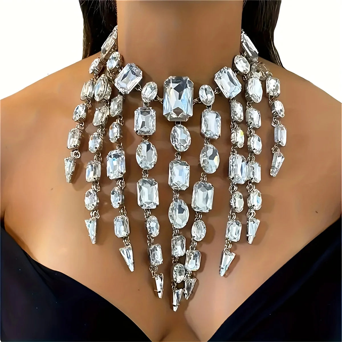 CrystalCascade™ Oversized Summer Statement Necklace & Earrings Set – Exaggerated Tassel Rhinestone Square Design
