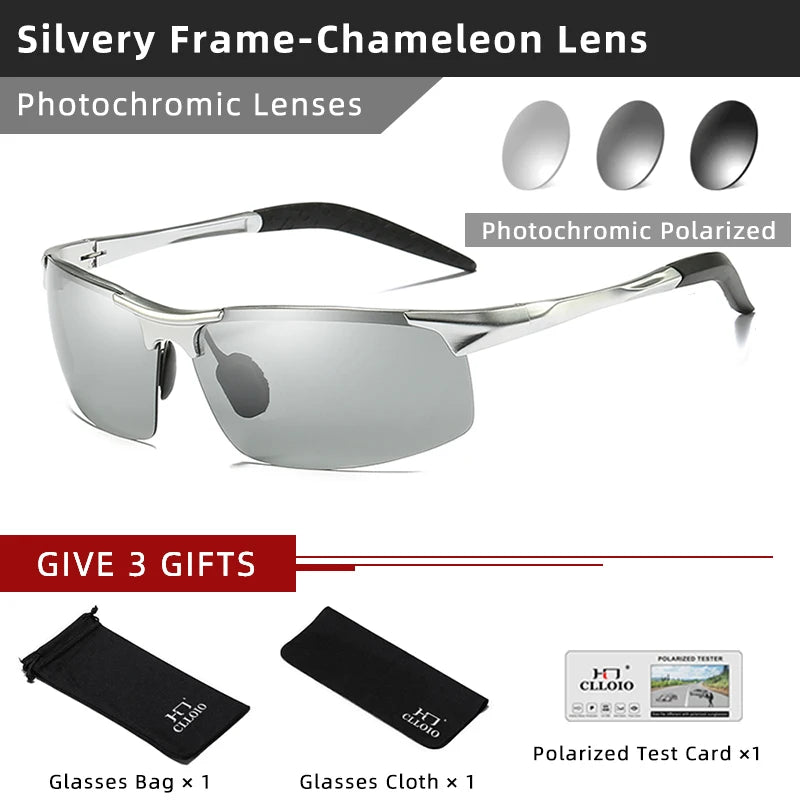 CLLOIO Polarized Photochromic Sunglasses – UV400 Day/Night Driving Chameleon Glasses for Men (Aluminum Frame)