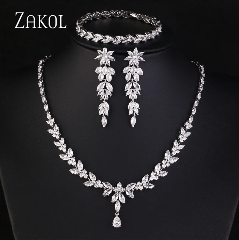 ZAKOL Luxury Zirconia Leaf Bridal Jewelry Set – Elegant Necklace, Earrings, Ring & Bracelet for Weddings