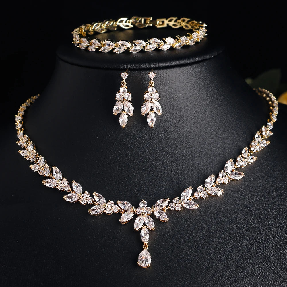 ZAKOL Luxury Zirconia Leaf Bridal Jewelry Set – Elegant Necklace, Earrings, Ring & Bracelet for Weddings