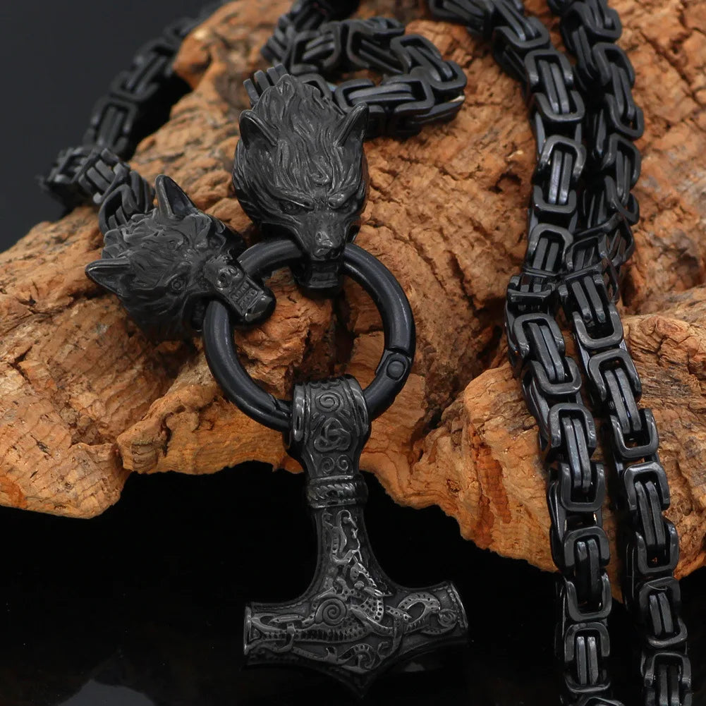 Nordic Viking Wolf Head Necklace | Norse Rune Amulet Stainless Steel Pendant for Men