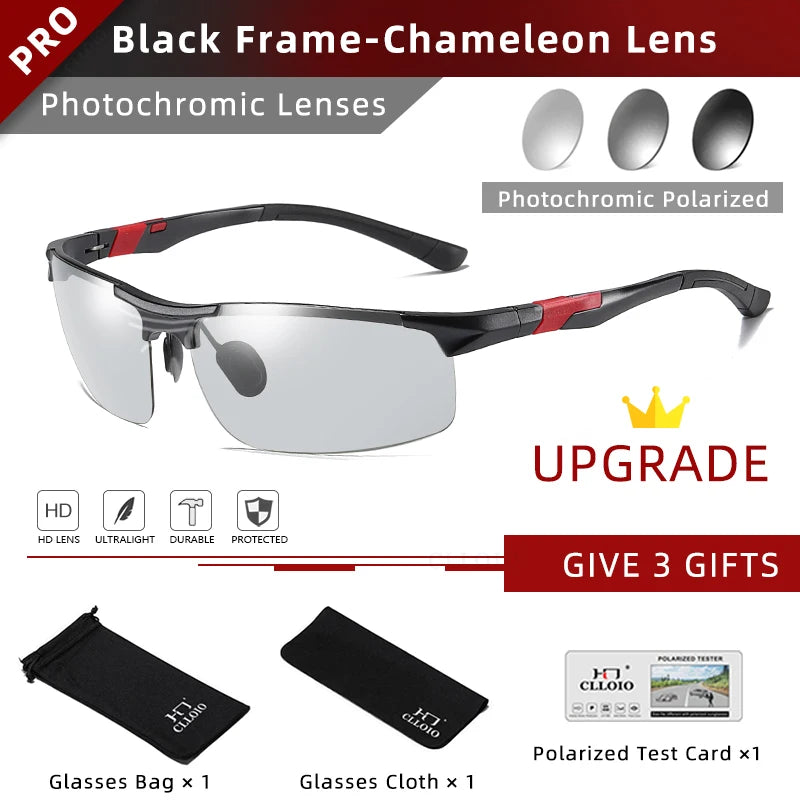 CLLOIO Polarized Photochromic Sunglasses – UV400 Day/Night Driving Chameleon Glasses for Men (Aluminum Frame)