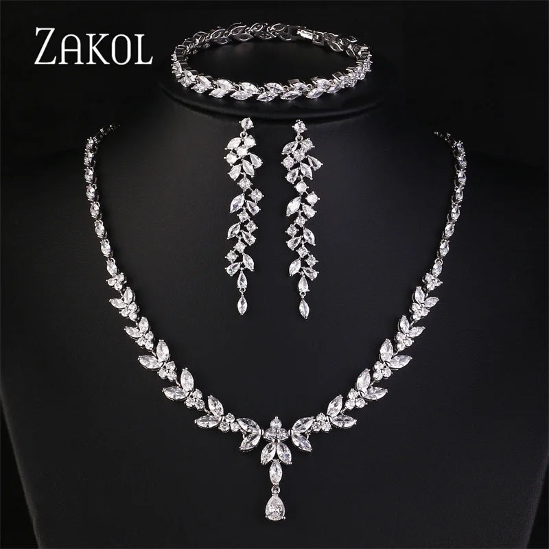 ZAKOL Luxury Zirconia Leaf Bridal Jewelry Set – Elegant Necklace, Earrings, Ring & Bracelet for Weddings