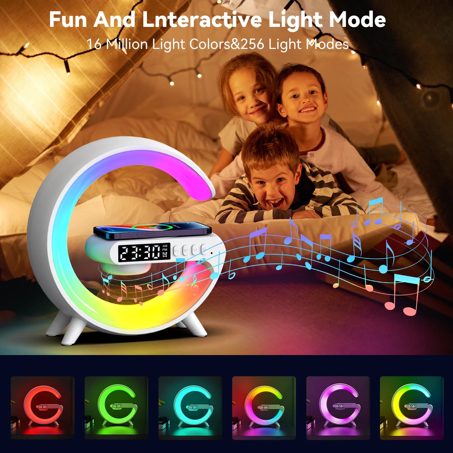 AuraCharge Station™ — 6-in-1 Wireless Charger with Speaker & RGB Night Light
