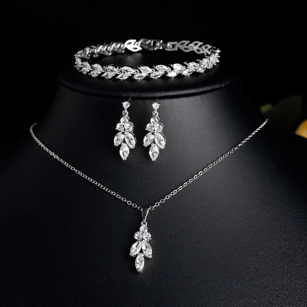 ZAKOL Luxury Zirconia Leaf Bridal Jewelry Set – Elegant Necklace, Earrings, Ring & Bracelet for Weddings