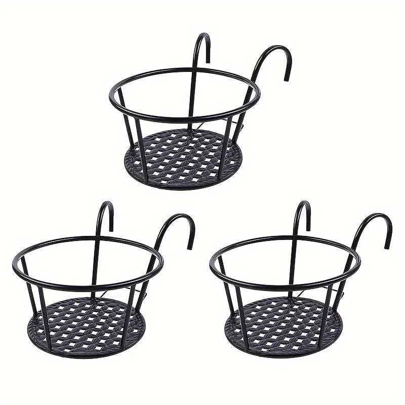 SkyBloom™ Hanging Metal Flower Pots (Set of 3) – Iron Art Planters with Hooks for Balcony & Fence