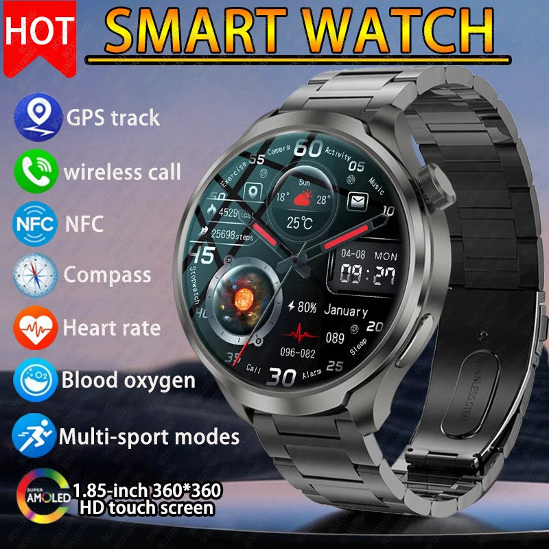 1.85" AMOLED GPS Smartwatch for Men – Outdoor Waterproof Sports Watch with NFC, Bluetooth Calls & Health Tracking