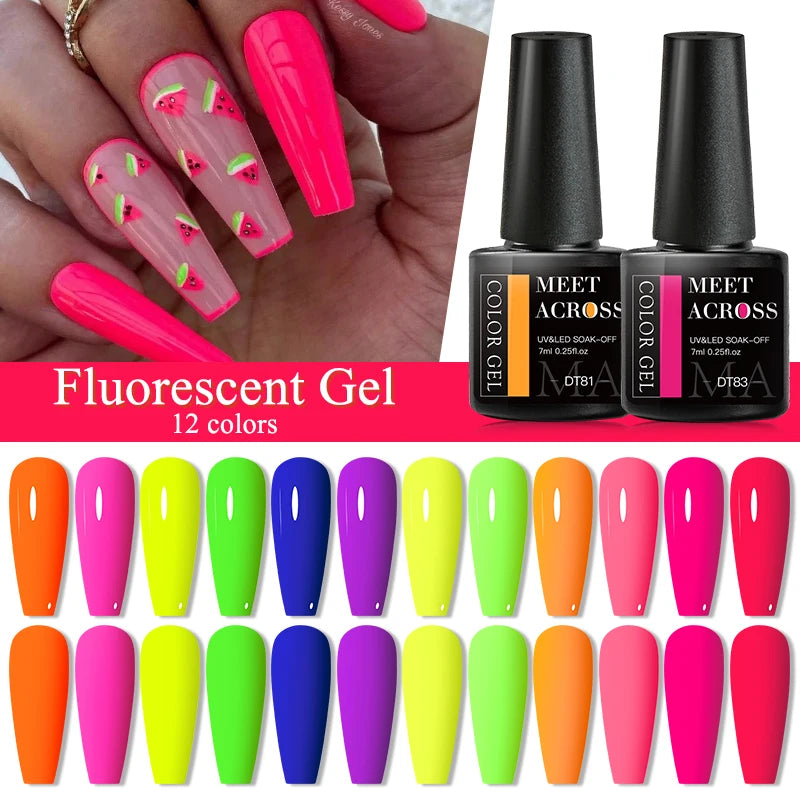 MEET ACROSS Neon Fluorescent UV Gel Nail Polish – 7ml Summer Bright Semi-Permanent Varnish for Bold Nail Art