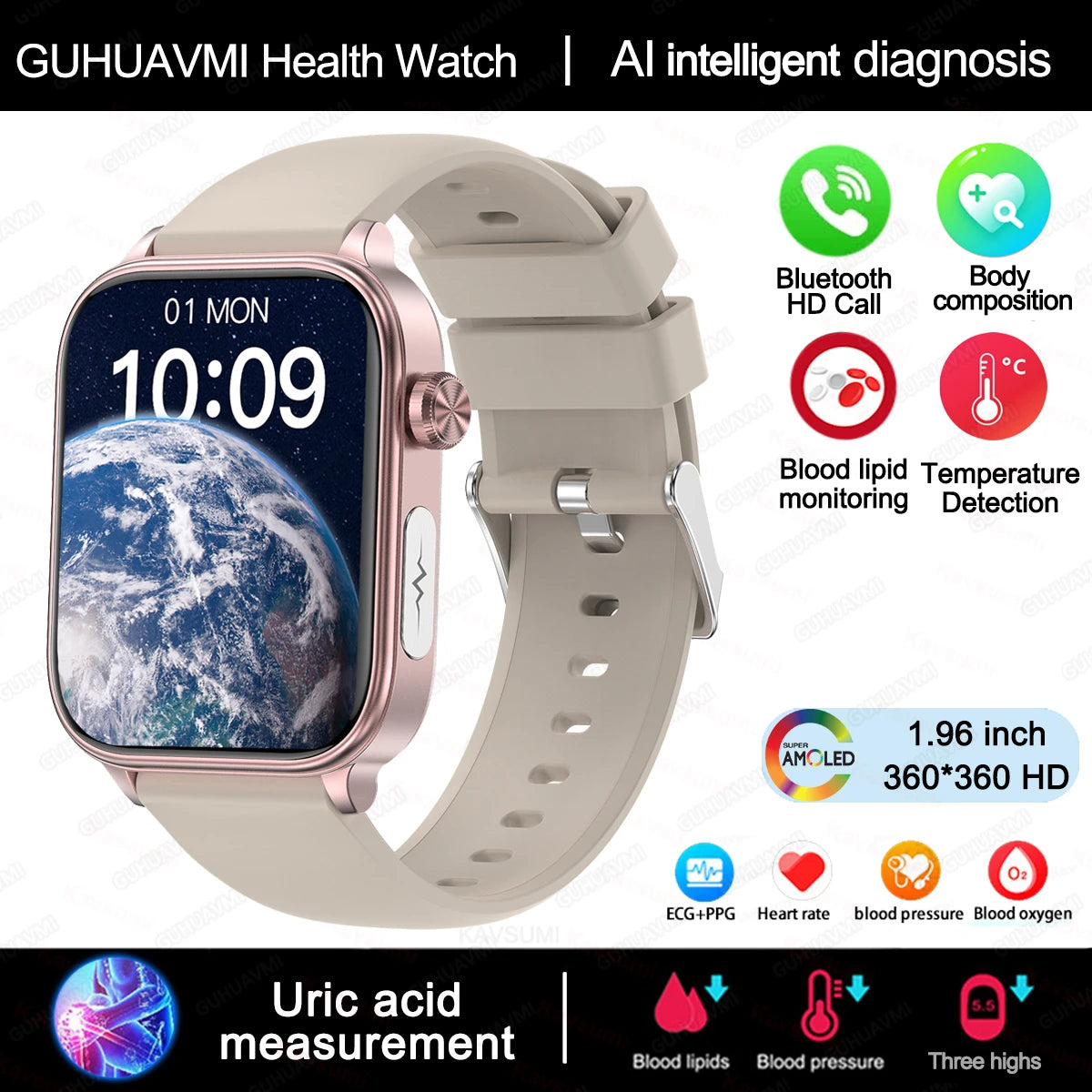 2025 VitalCare™ ECG+PPG Smartwatch – Advanced Blood Pressure, Lipid, Uric Acid & Menstrual Health Tracker for Women