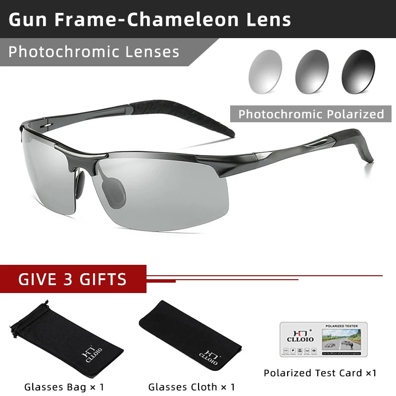 CLLOIO Polarized Photochromic Sunglasses – UV400 Day/Night Driving Chameleon Glasses for Men (Aluminum Frame)