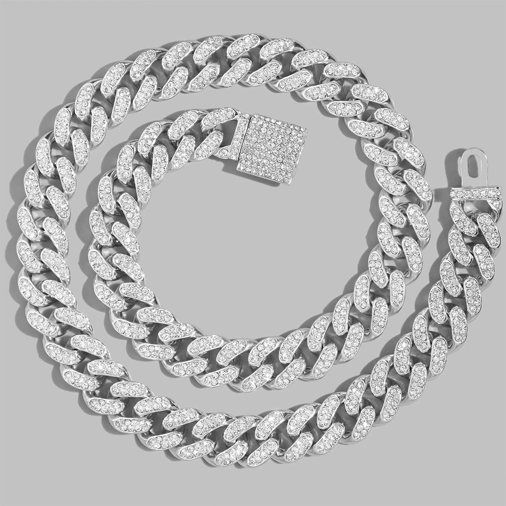 Iced Out Prong Cuban Link Chain – 2 Row AAA Rhinestones | 13/14/20mm | Men's Hip Hop Necklace