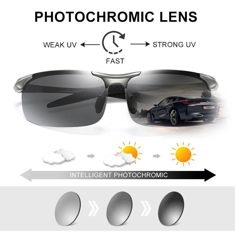 CLLOIO Polarized Photochromic Sunglasses – UV400 Day/Night Driving Chameleon Glasses for Men (Aluminum Frame)