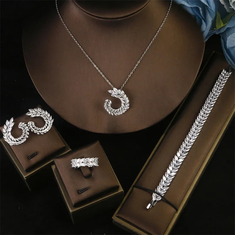 ZAKOL Luxury Zirconia Leaf Bridal Jewelry Set – Elegant Necklace, Earrings, Ring & Bracelet for Weddings