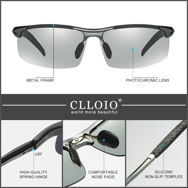 CLLOIO Polarized Photochromic Sunglasses – UV400 Day/Night Driving Chameleon Glasses for Men (Aluminum Frame)