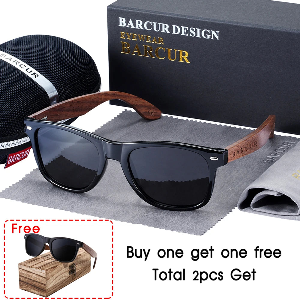 BARCUR™ Premium Black Walnut Wood Polarized Sunglasses for Men – UV400 Square Frame Eyewear + Gift Box