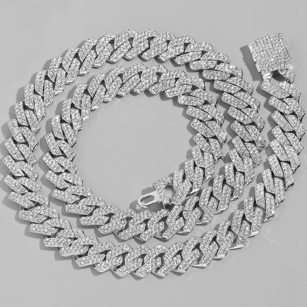 Iced Out Prong Cuban Link Chain – 2 Row AAA Rhinestones | 13/14/20mm | Men's Hip Hop Necklace