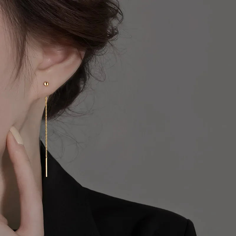 Minimalist Geometric Tassel Earrings – Long Silver Ball Drop Chain Dangle for Women | Trendy K-Pop Inspired Jewelry