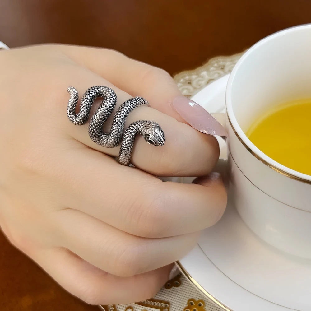 ObsidianSerpent™ Blackened Snake Ring – 925 Sterling European Glam
