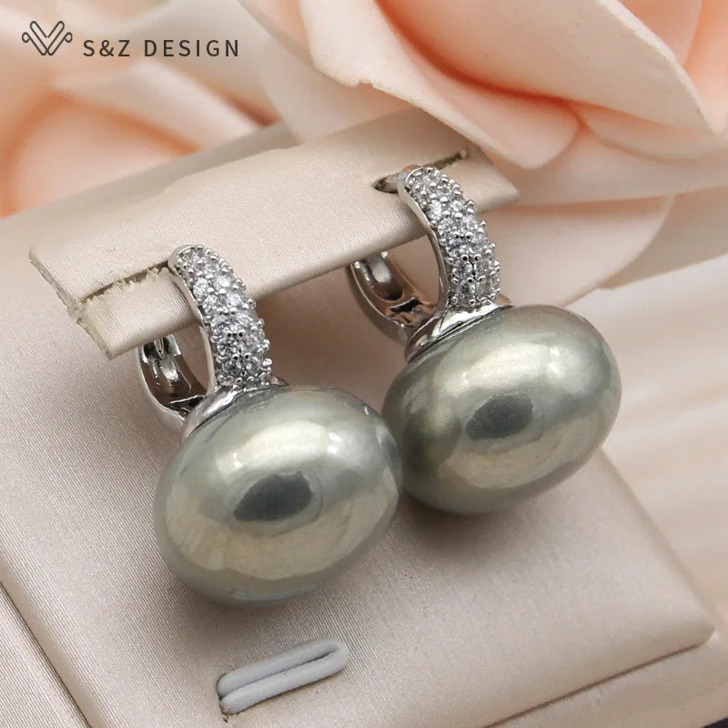 S&Z DESIGN Elegant Bread Round Pearl Dangle Earrings – Cubic Zirconia Wedding Jewelry Gift for Women