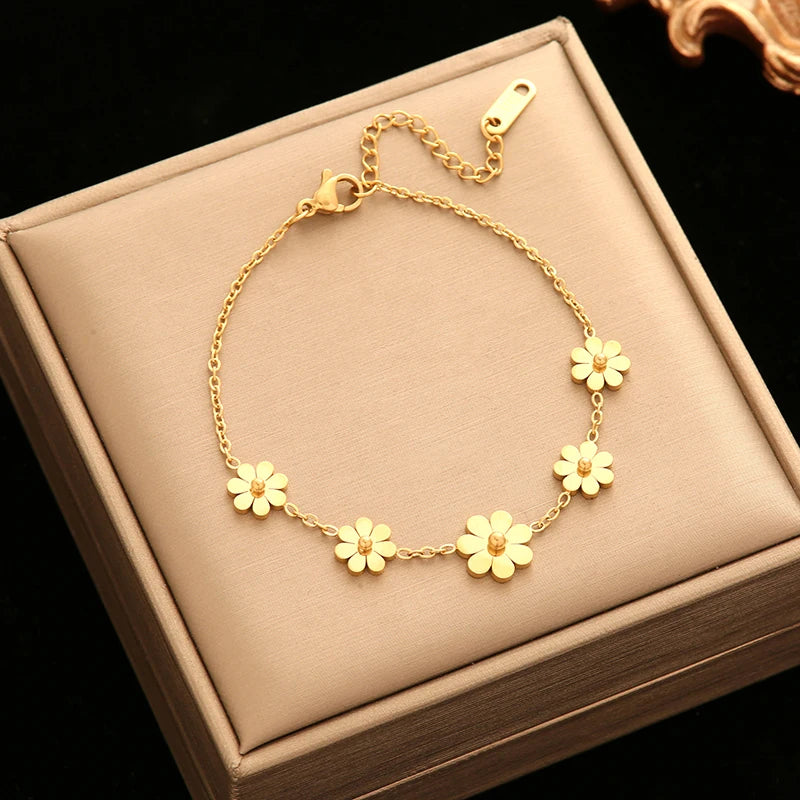 daisy jewelry set waterproof stainless steel jewelry fashion gift set floral accessories hypoallergenic jewelry for women GANEMLY necklace bracelet earring ring