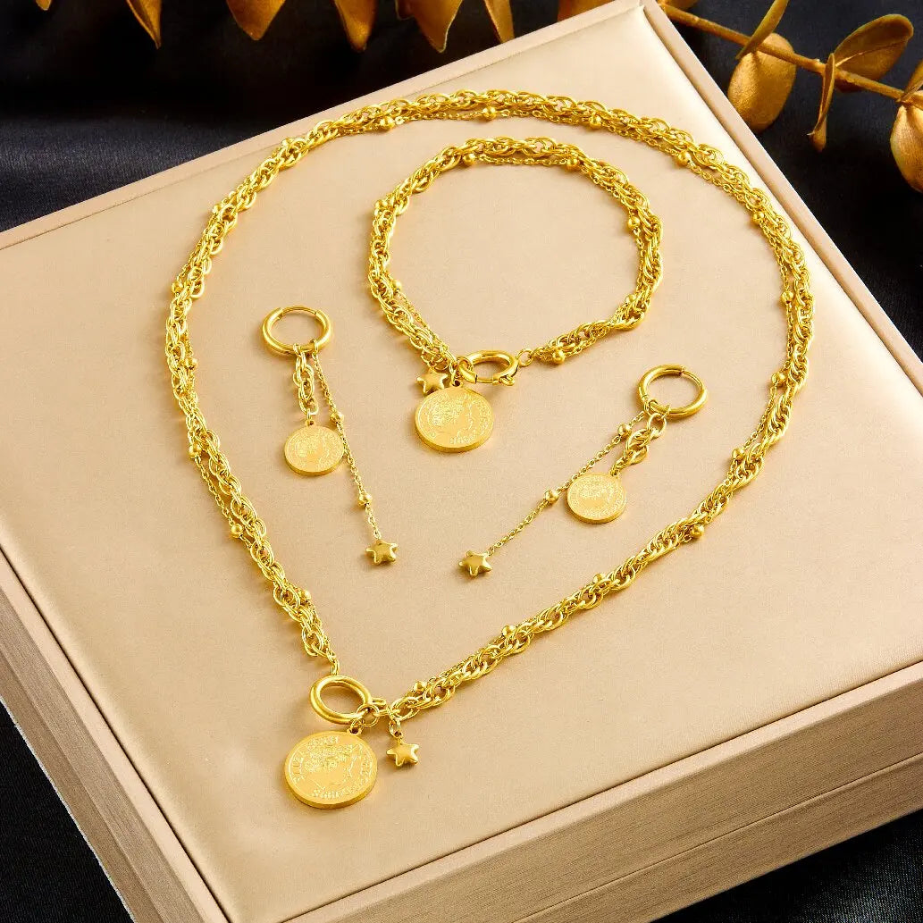 DIEYURO™ Golden Star Portrait Coin Jewelry Set – Necklace, Earrings & Bracelet