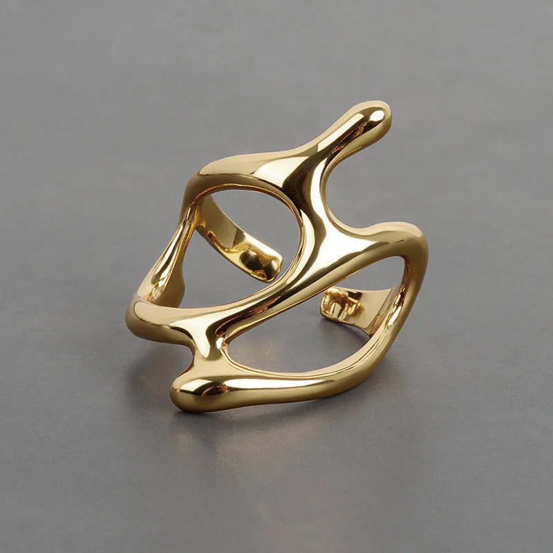 MeltWave™ Y2K Pleated Gold Open Ring – Liquid Metal Punk Fashion