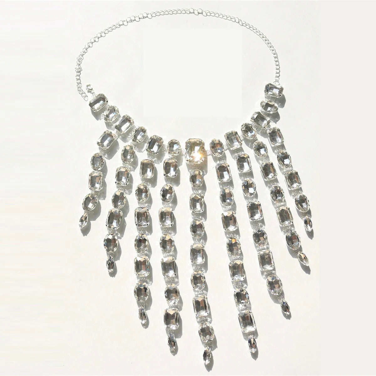 CrystalCascade™ Oversized Summer Statement Necklace & Earrings Set – Exaggerated Tassel Rhinestone Square Design