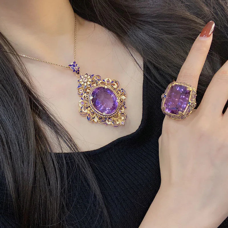 Vintage Royalty: Oval Purple Stone Jewelry Set – Enamel Pendant Necklace & Matching Ring for Women
