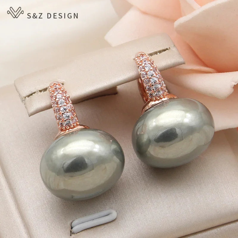 S&Z DESIGN Elegant Bread Round Pearl Dangle Earrings – Cubic Zirconia Wedding Jewelry Gift for Women
